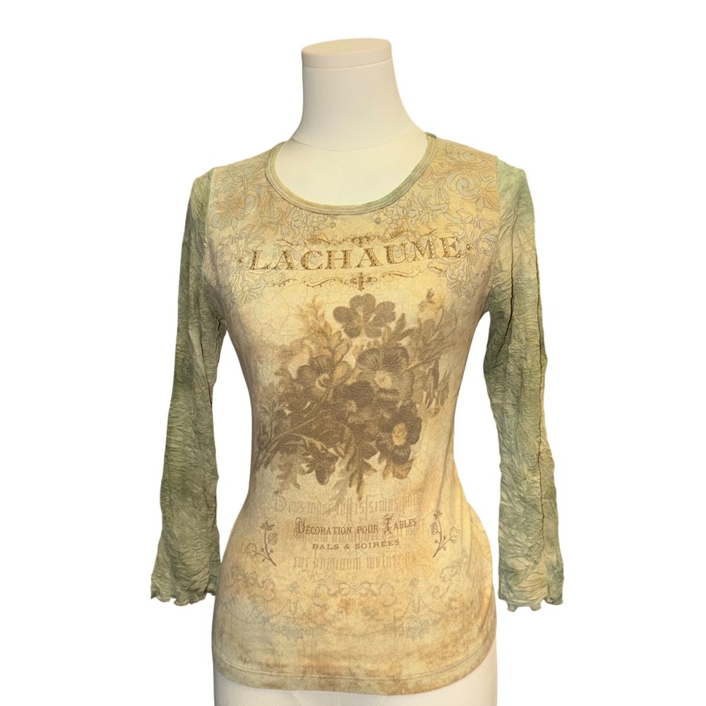 Susan Lawrence Top Womens M Green Floral Good Rhinestone Long Sleeve Crinkle Tee